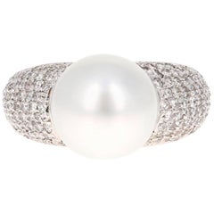 Bague cocktail en or blanc avec perle des mers du Sud de 0,90 carat et diamants