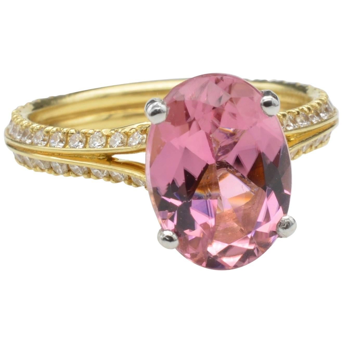 Solitaire Pink Tourmaline Diamond Yellow Gold Platinum Engagement Ring