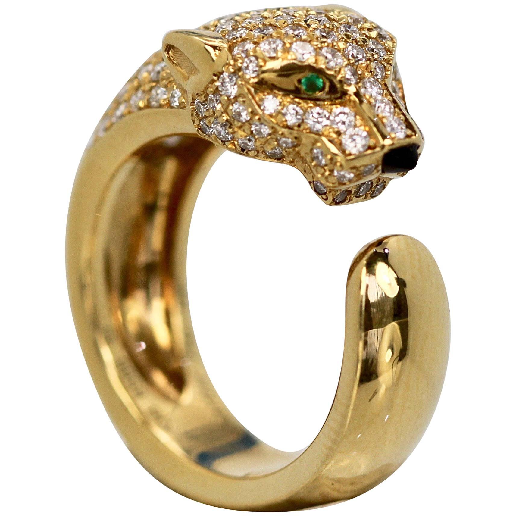 Cartier Diamond Head Panthere Ring Emerald Eye Onyx Nose 18 Karat Gold