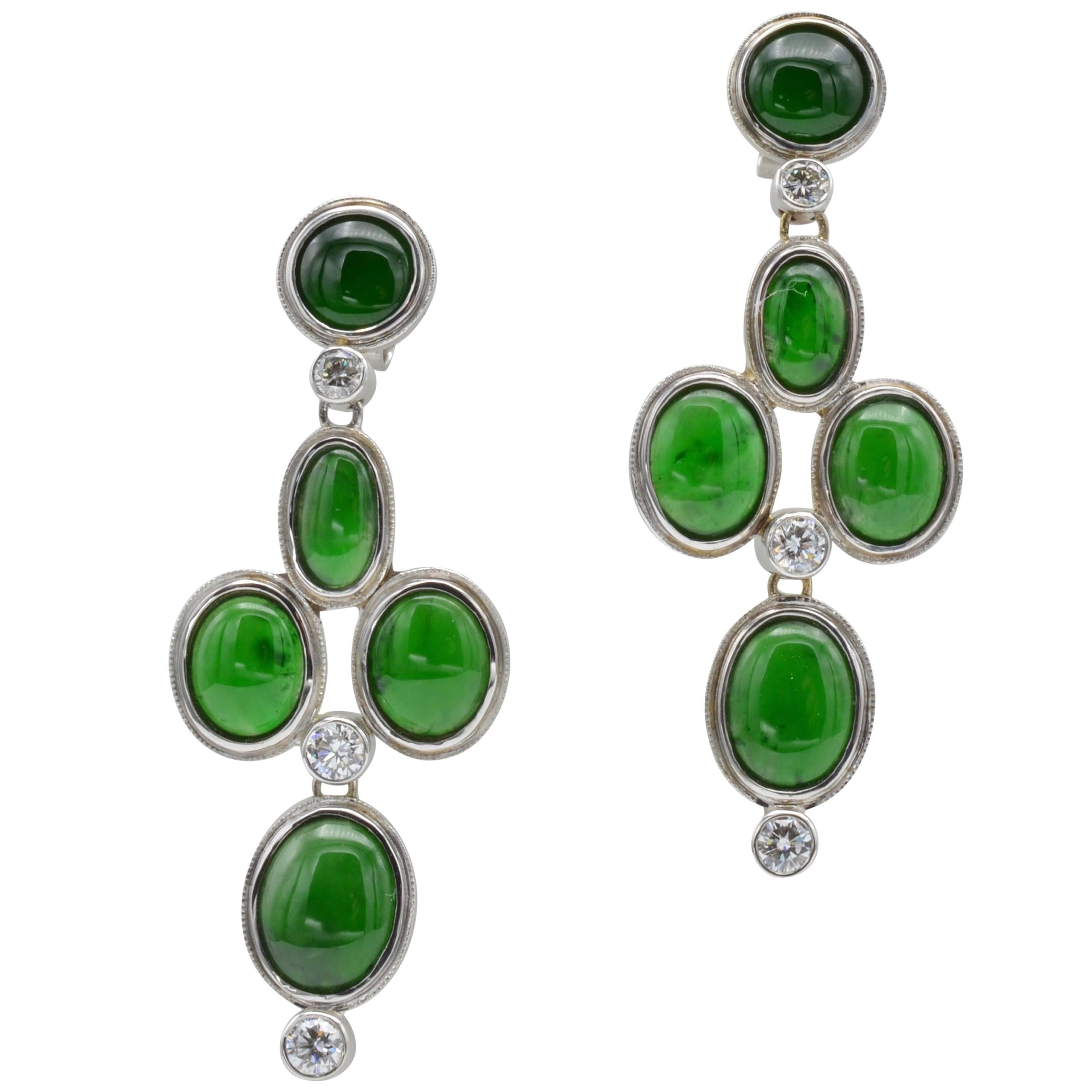 Oval Green Jadeite Earrings with Round Diamonds in White Gold