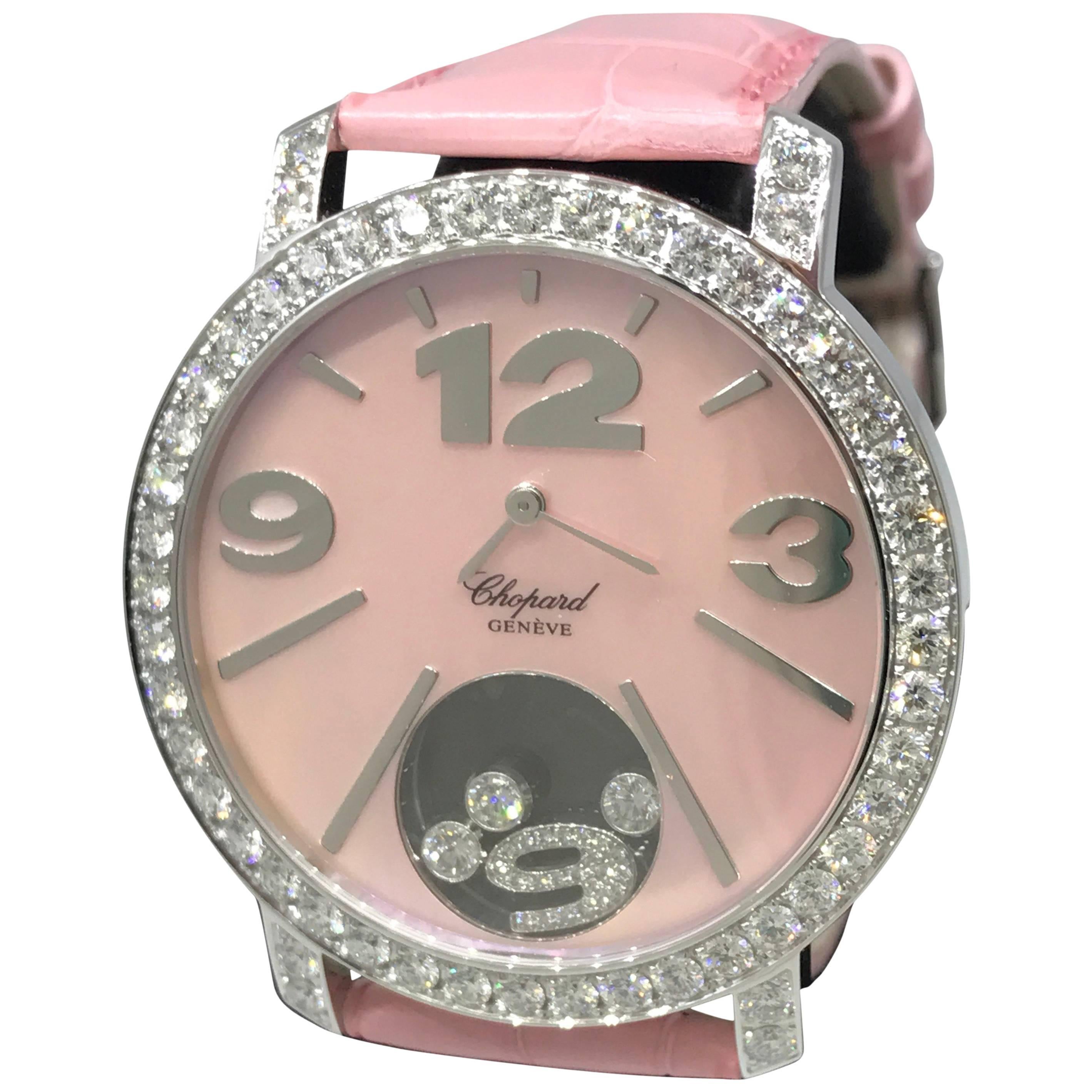 Chopard Ladies White Gold Diamond Happy Diamonds Pink Bezel Wristwatch For Sale