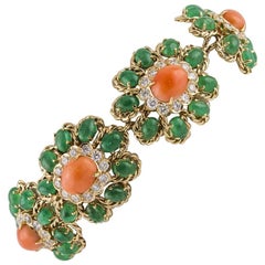 Emerald Diamond Coral Rose Gold Floral Cluster Bracelet