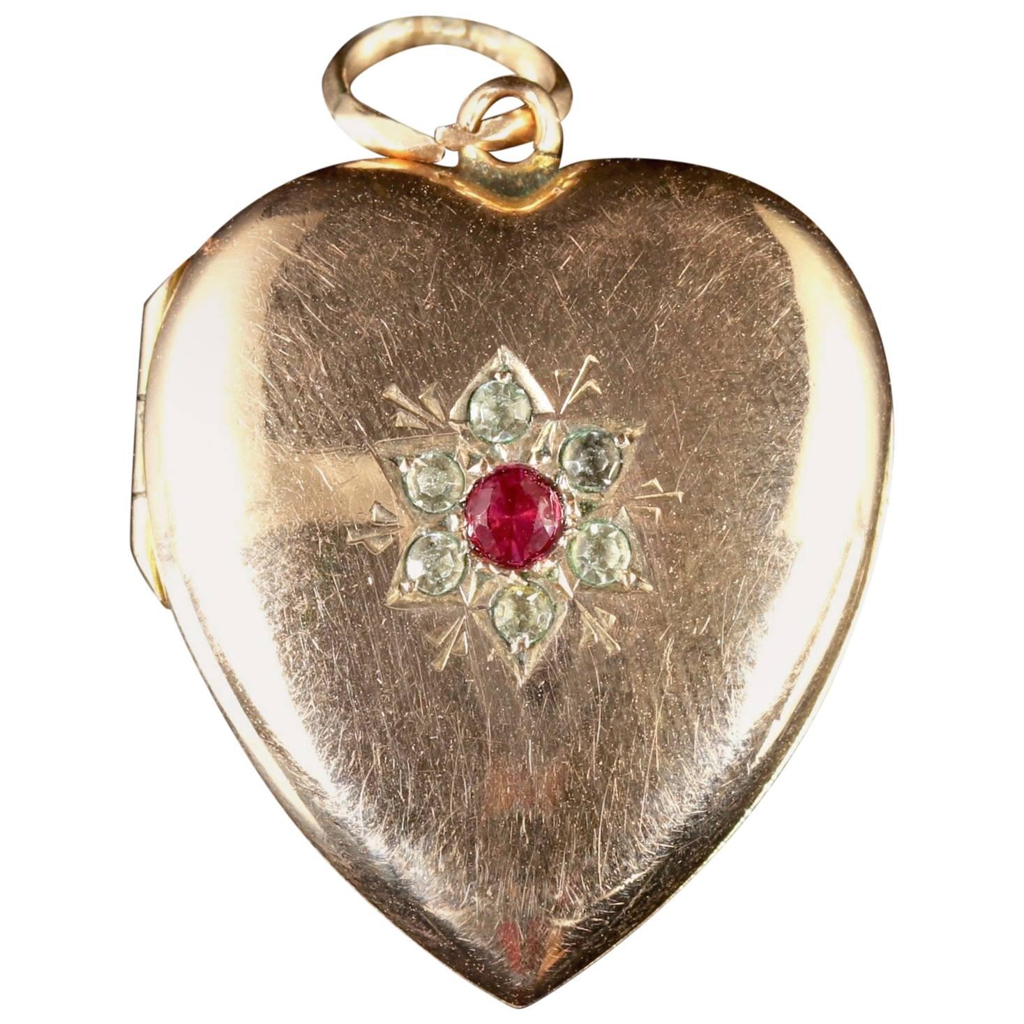 Antique Victorian Gold Heart Locket Ruby Paste, circa 1900