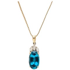 1960s 2.5 Carat Blue Topaz and Marquise Diamond 14 Karat Gold Necklace