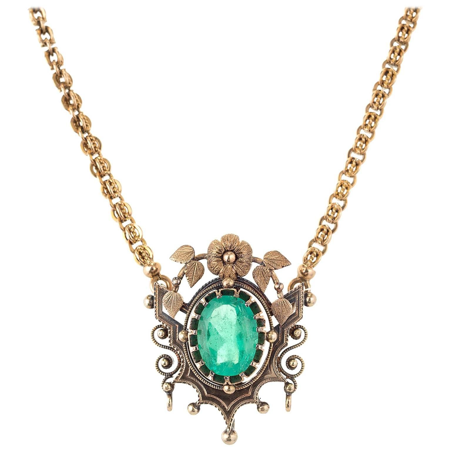 GIA Certified 4.50 Carat Oval Emerald Victorian Gold Necklace Pendant