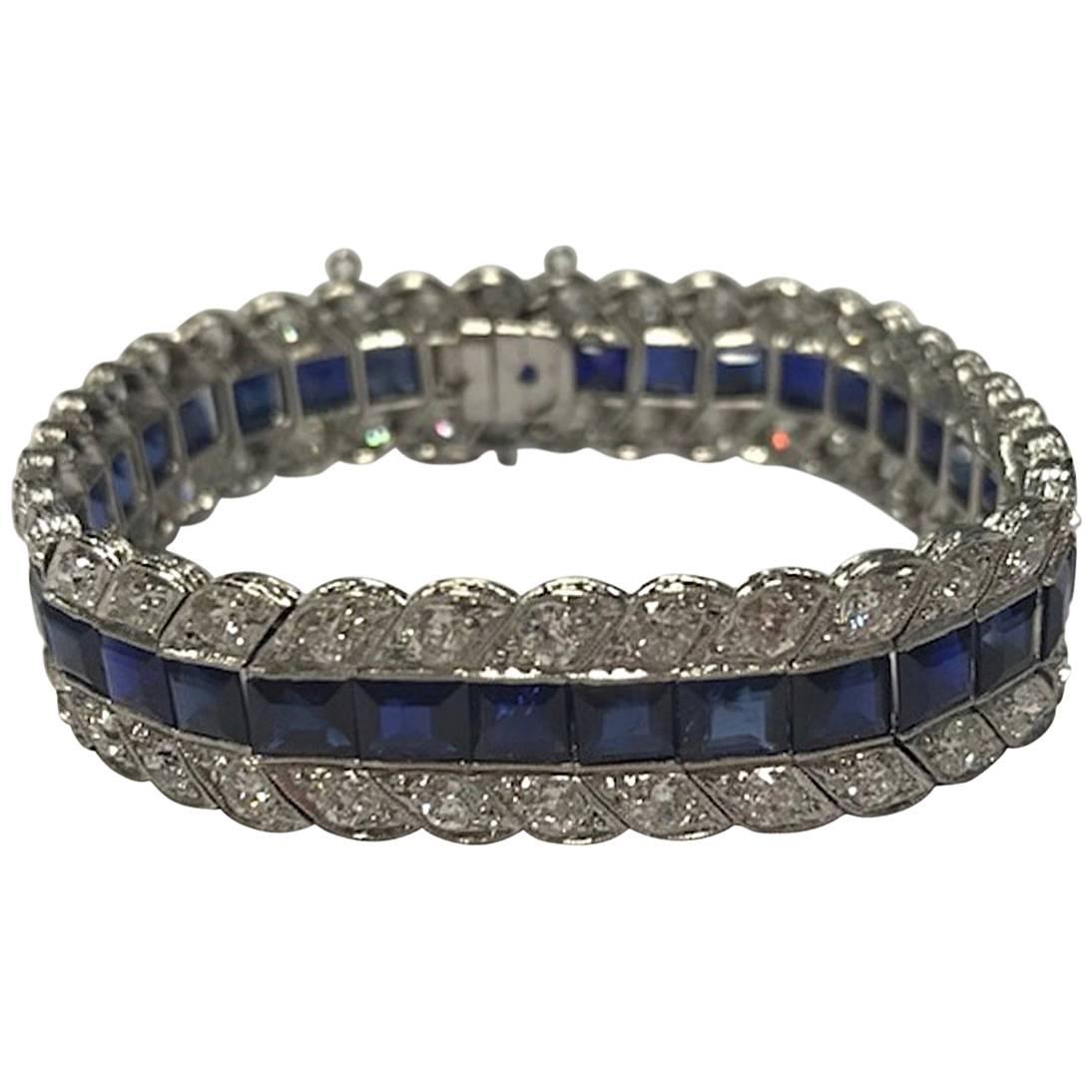 Platinum Blue Sapphire Round Diamond Bracelet For Sale
