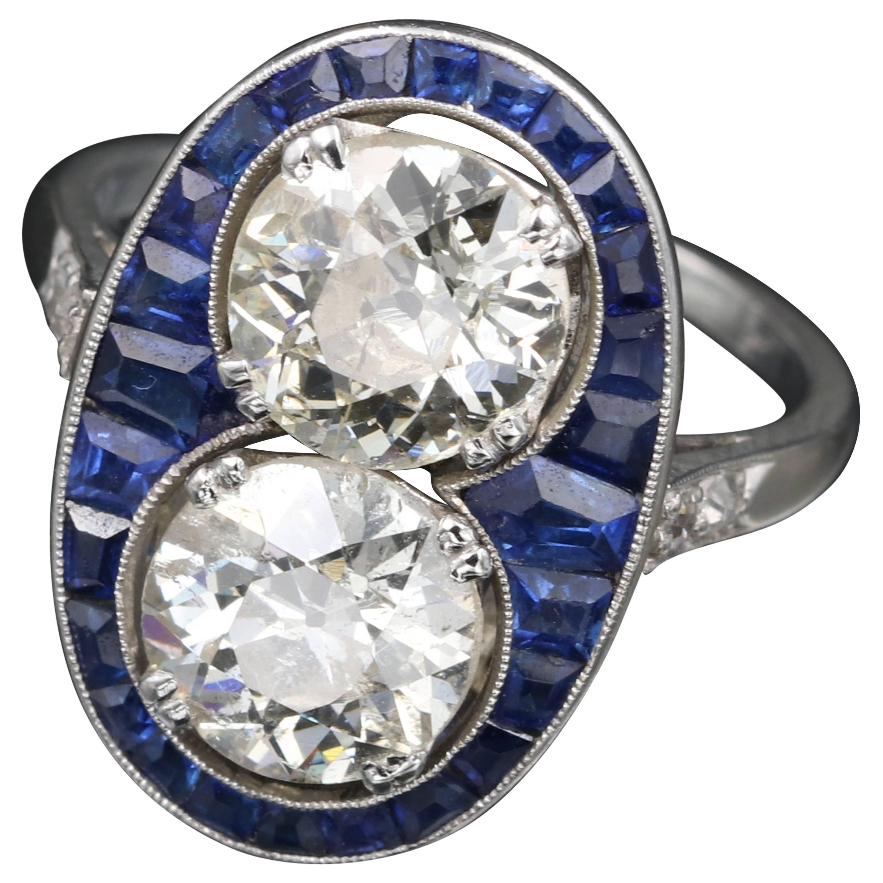 Platinum, Sapphires and Diamonds French Art Deco Toi & Moi