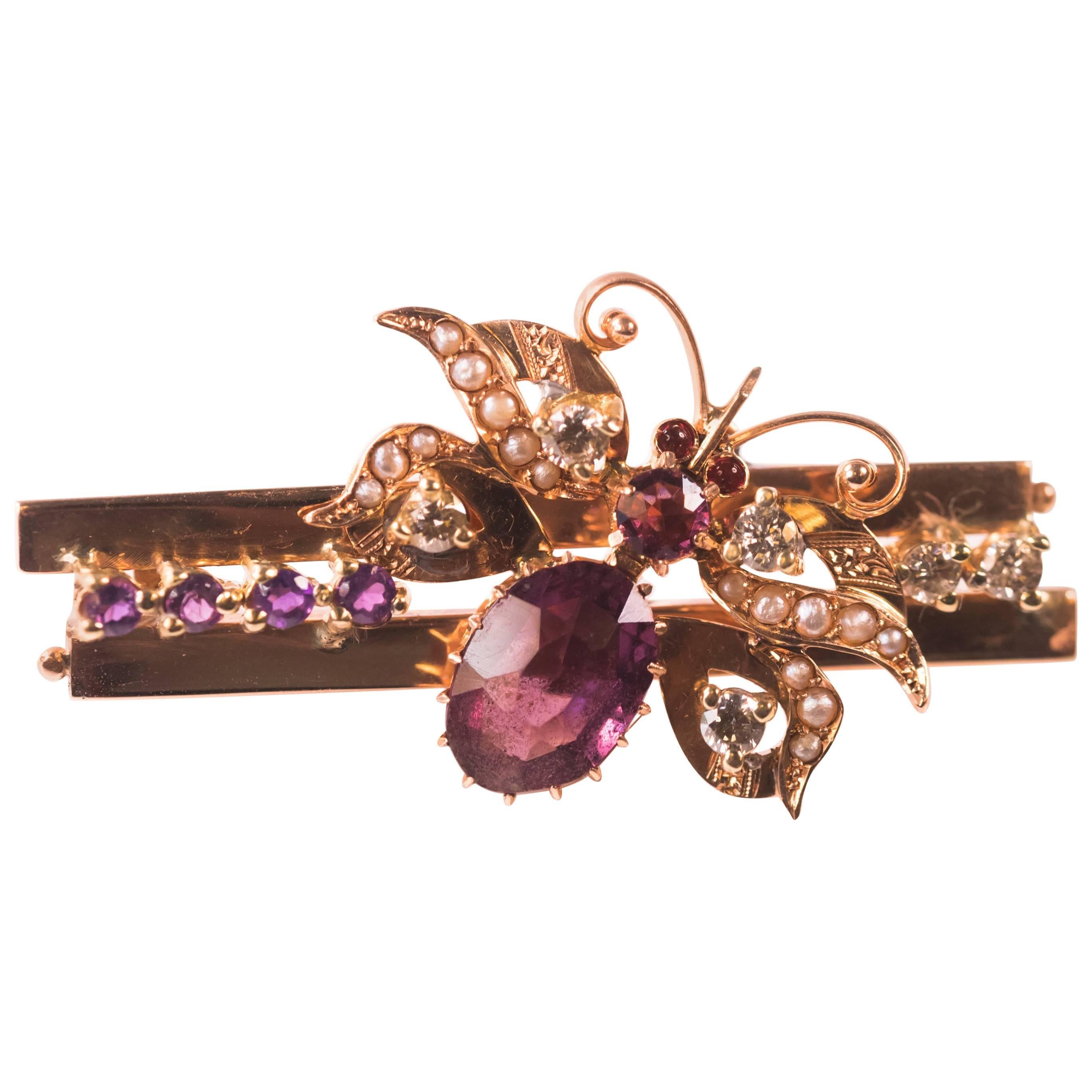 1930s 0.55 Carat Diamond, Ruby, Pearl and Amethyst Butterfly Pendant, Rose Gold