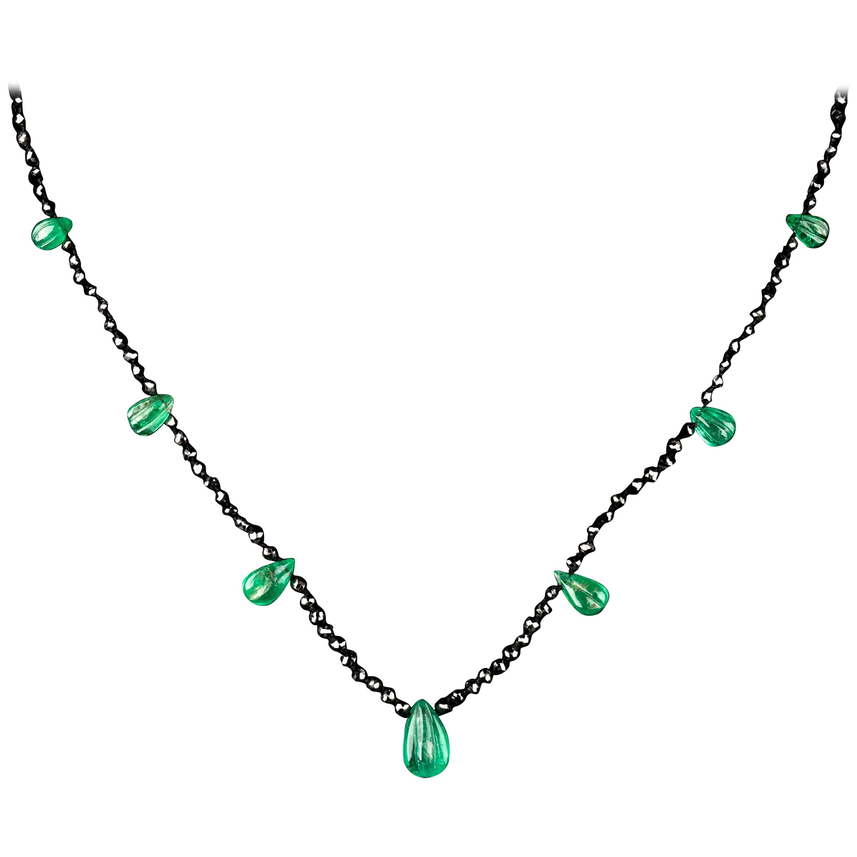 Necklace with Diamond and Gadrooned Pear Shape Emeralds For Sale