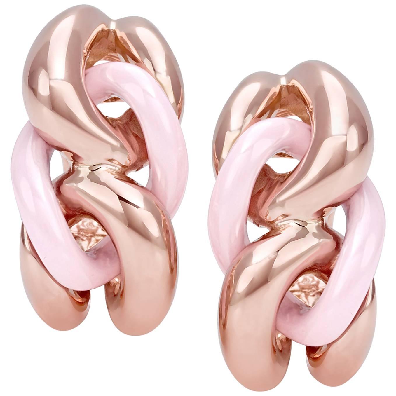 Pink Ceramic Groumette Pair of Earrings 18 Karat Rose Gold