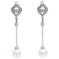 0.40 Carat Diamond and Pearl 14 Karat White Gold Drop Earrings