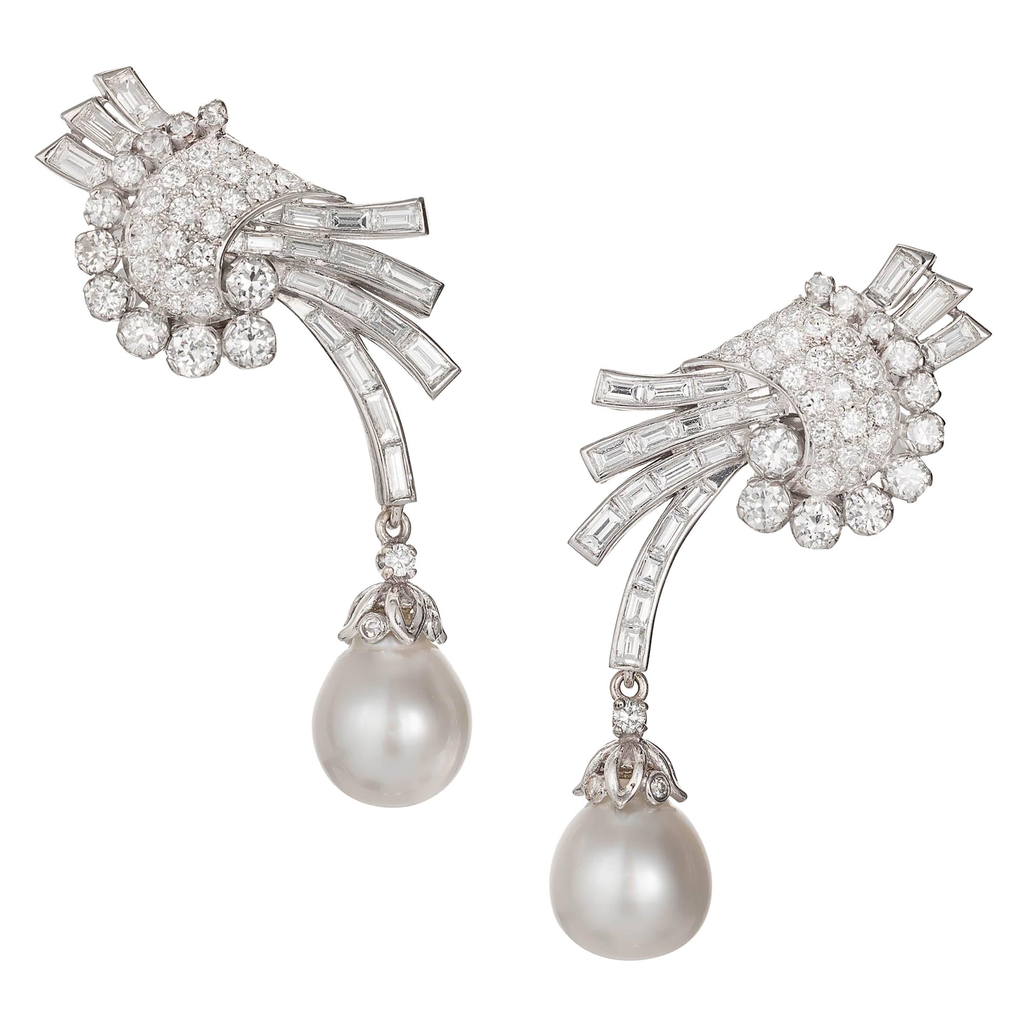 5.30 Carat Round Baguette Diamond Cultured Pearl Platinum Gold Dangle Earrings