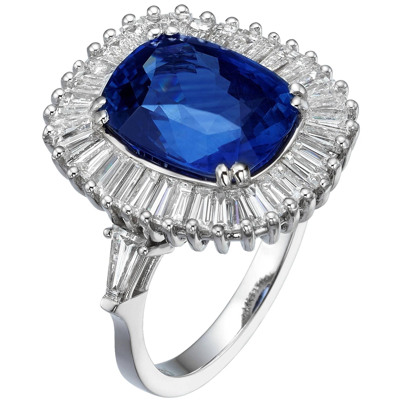 Ballerina Style 7.63 Carat Cushion Cut Blue Sapphire & Diamonds engagment ring. 