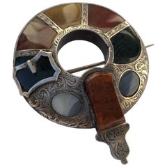 Victorian Sterling Silver Scottish Agate Garter Brooch Pin Estate Fine Jewelry