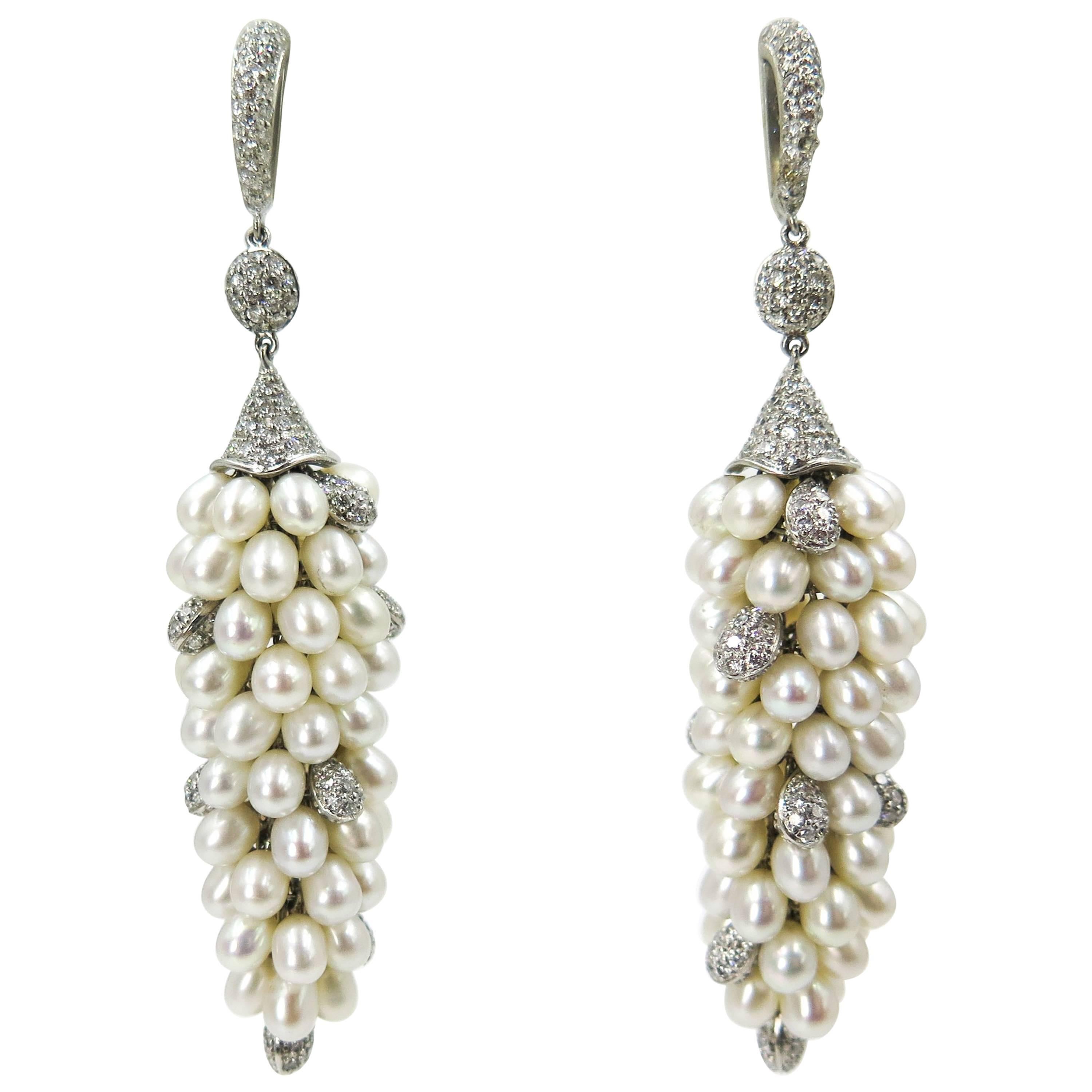 Fresh Water Pearls and Pave Diamond White Gold Chandelier Earrings