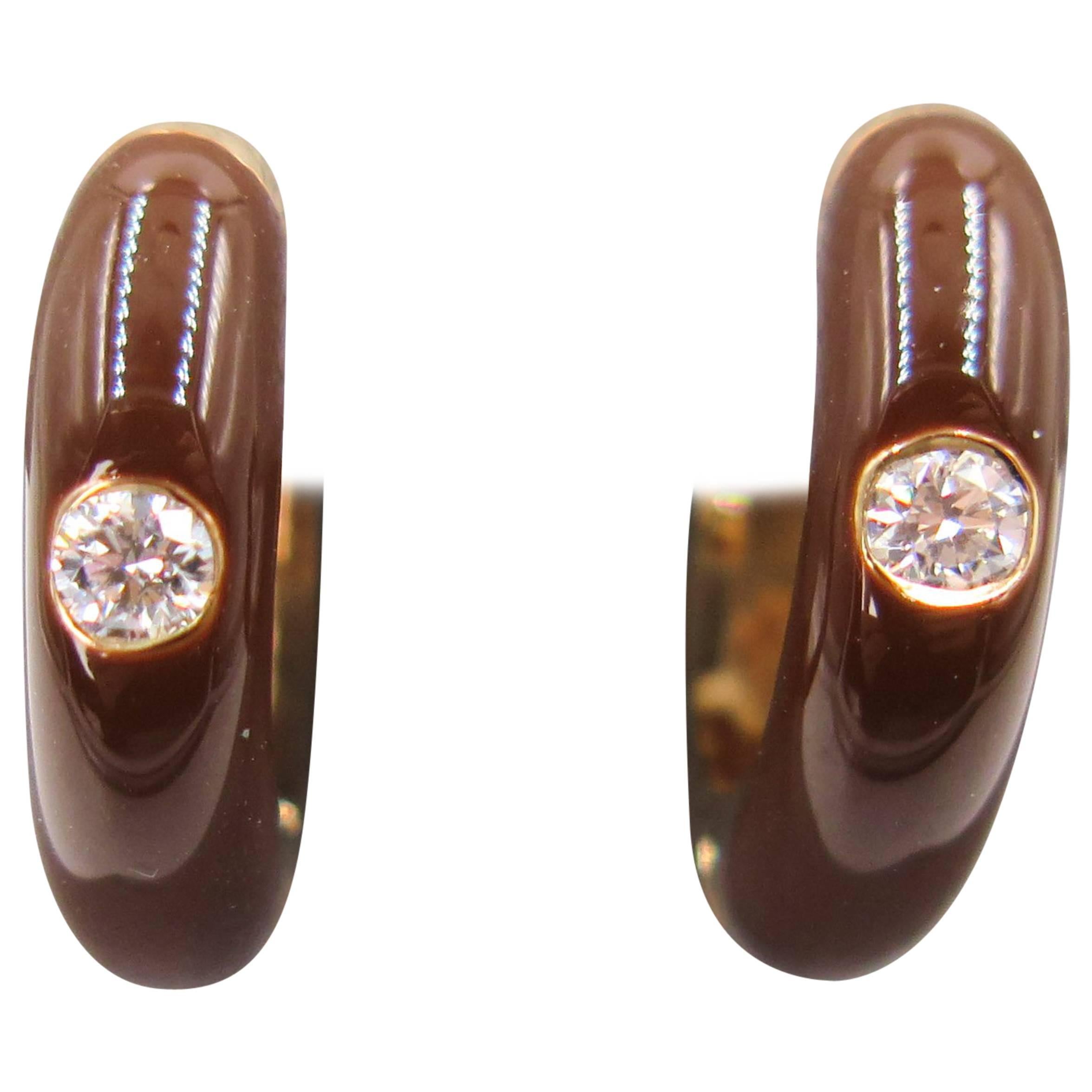 Chocolate Brown Enamel Diamond Yellow Gold Huggie Earrings