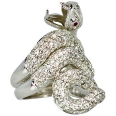 Diamond 18 Karat Snake Ring 4.66 Carat Two Ruby Eyes