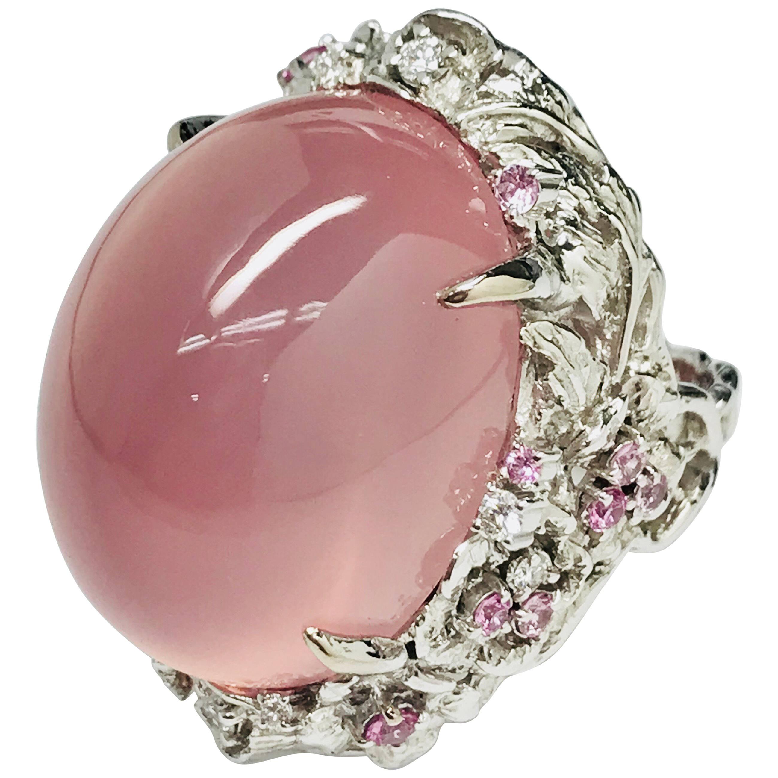 Matsuzaki 54ct Oval Cat's Eye Rose Quartz Sapphire Diamond K18WG Floral Ring 
