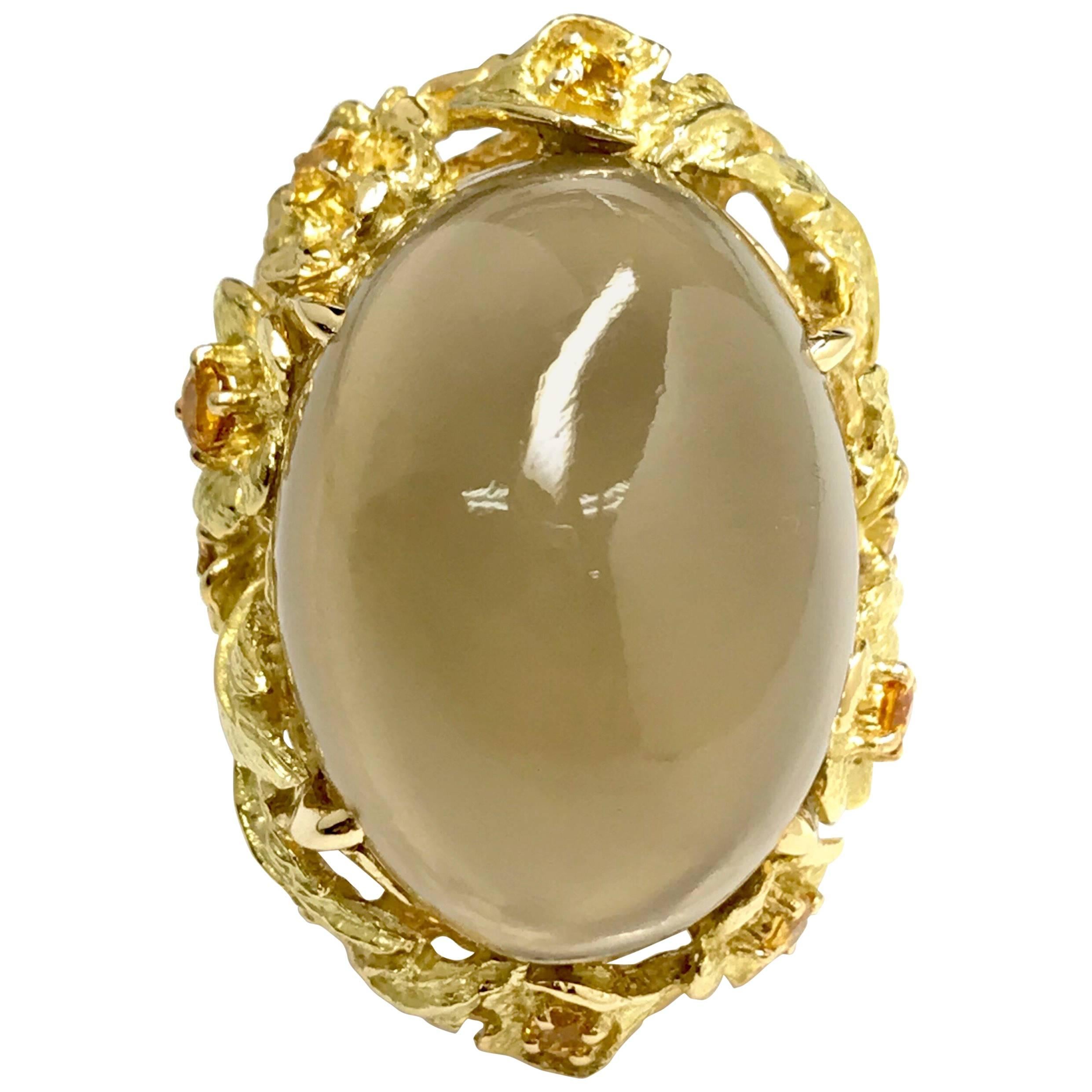 Matsuzaki 45 Carat Oval Moonstone Yellow Sapphire K18YG Floral Ring For Sale
