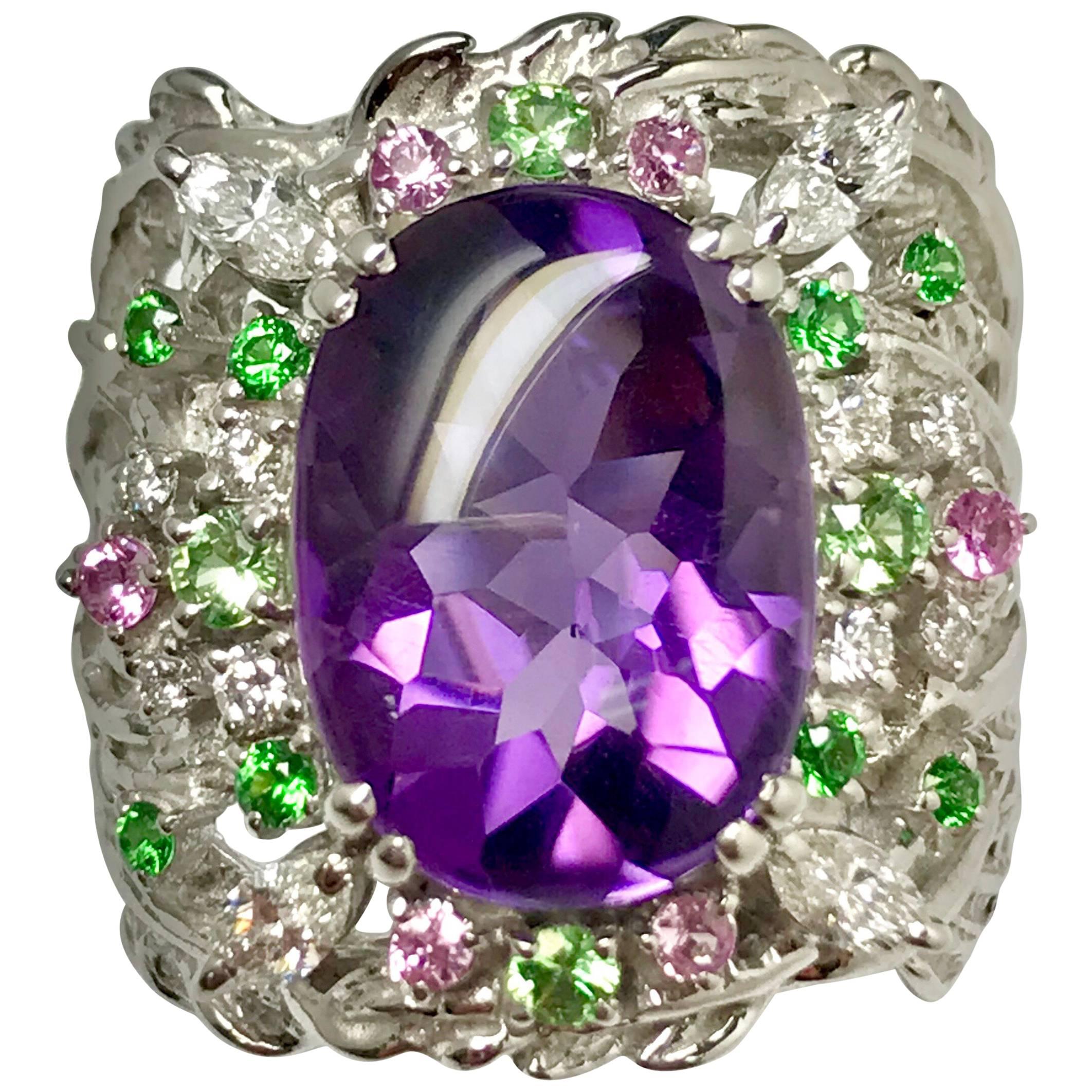 Matsuzaki Oval Amethyst Green Garnet Pink Sapphire Diamond White Gold Ring