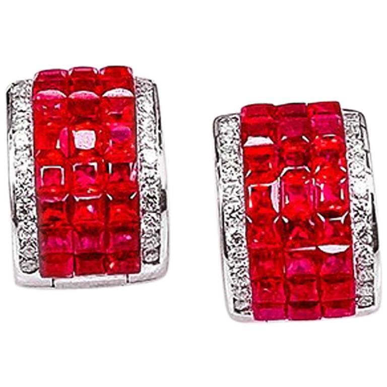 18K White gold invisible Small Ruby Hoop Earrings For Sale