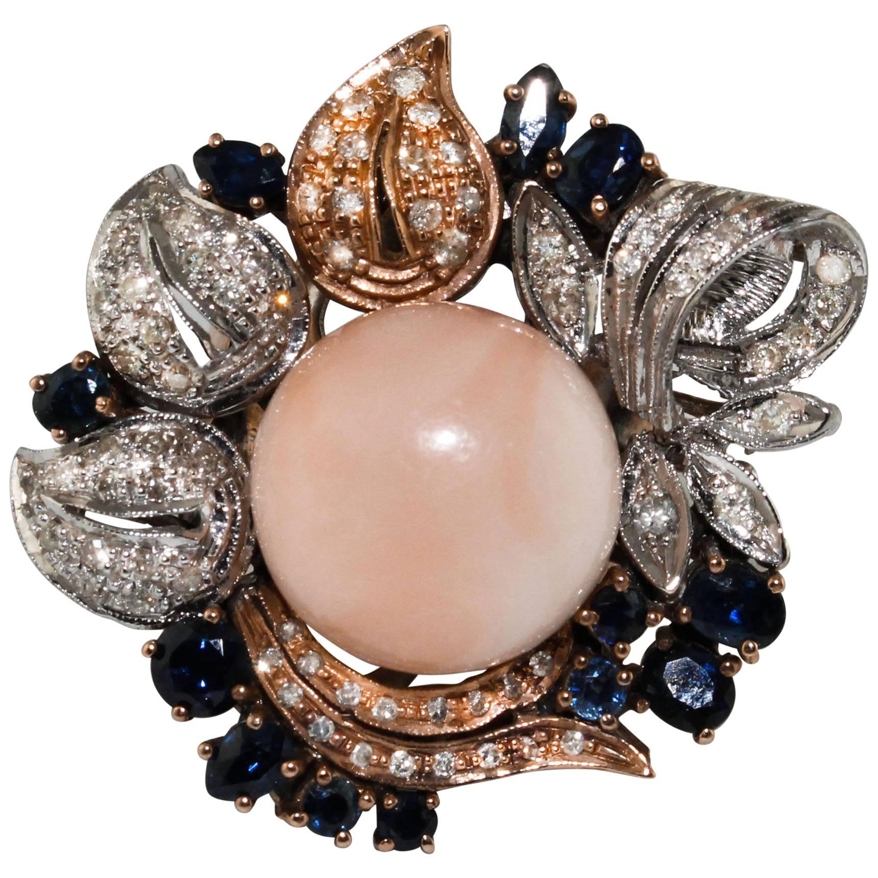 Coral Sapphires Diamonds Rose gold and White Gold Flower Ring