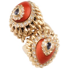 Vintage Diamonds Corals Sapphire Ebony  Rose Gold Ring  