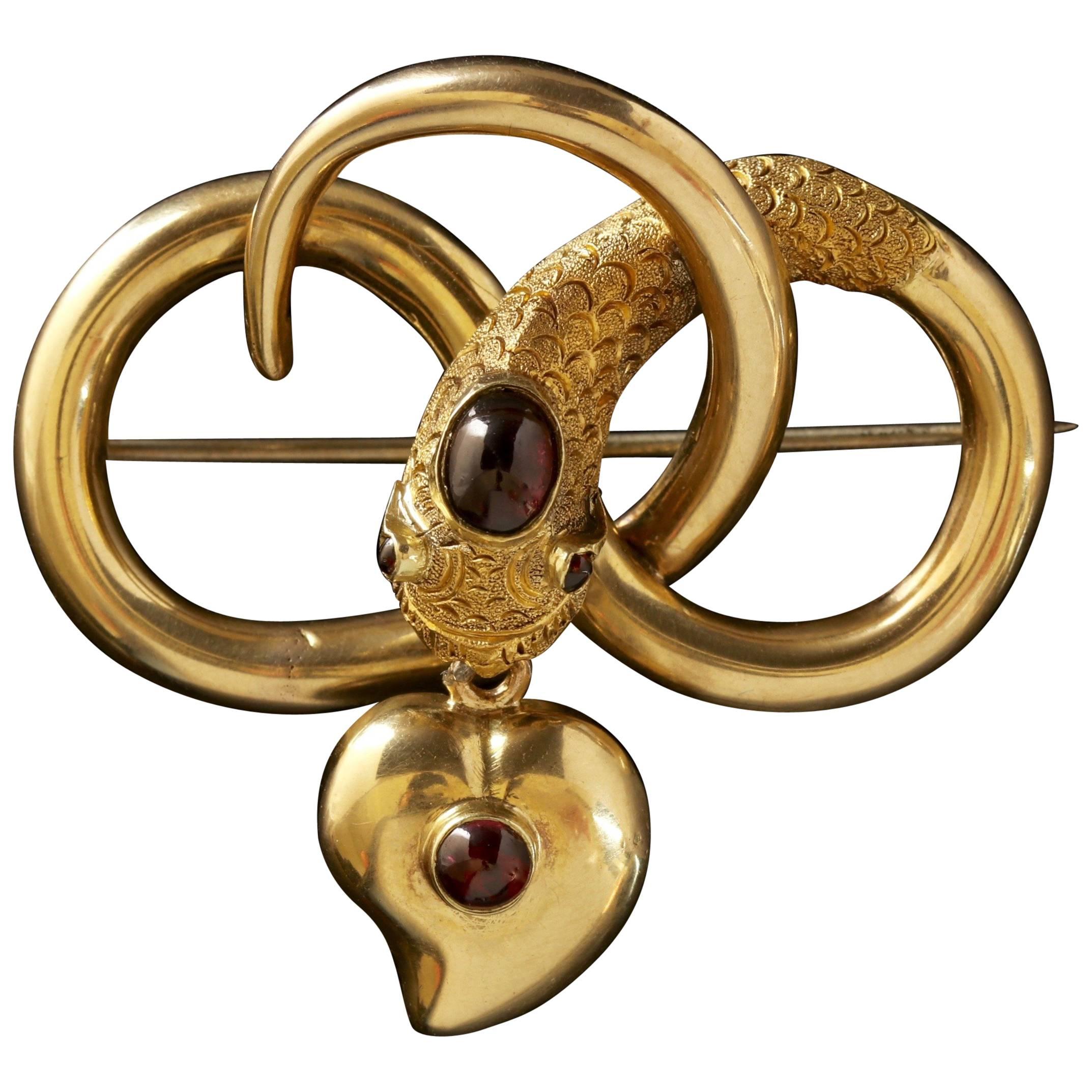 Antique Georgian 18 Carat Gold Garnet Snake Brooch Mourning Witches Heart