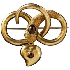 Antique Georgian 18 Carat Gold Garnet Snake Brooch Mourning Witches Heart