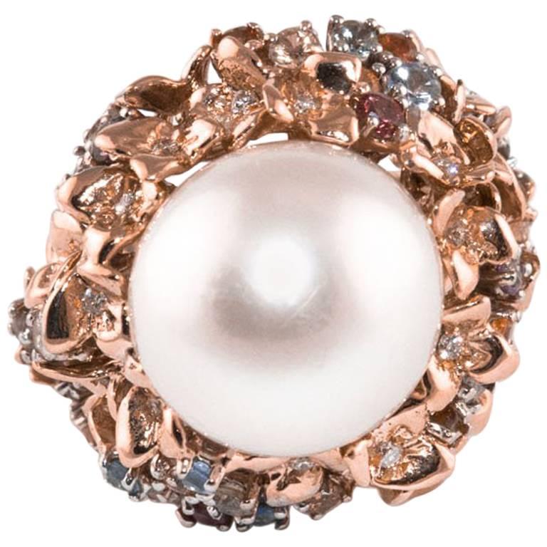 Diamonds Sapphires Australian Pearl Gold Ring 