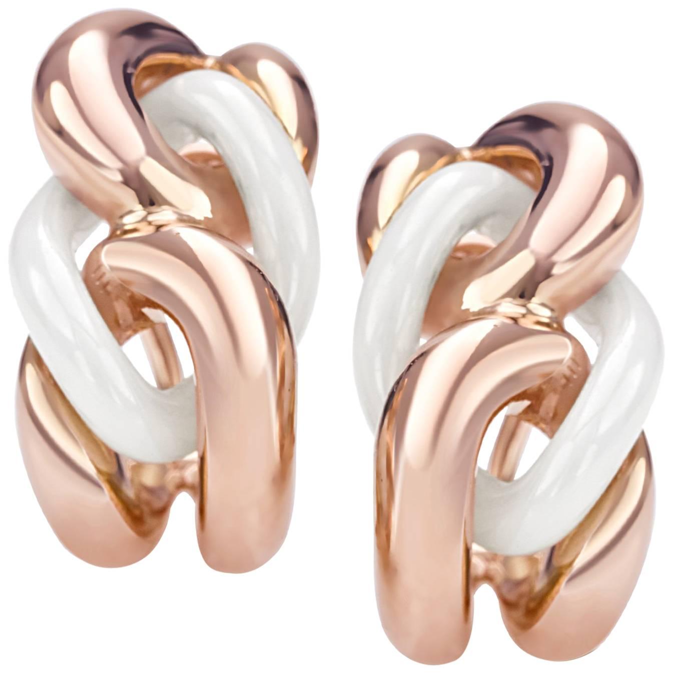 White Ceramic Groumette Pair of Earrings 18 Karat Rose Gold