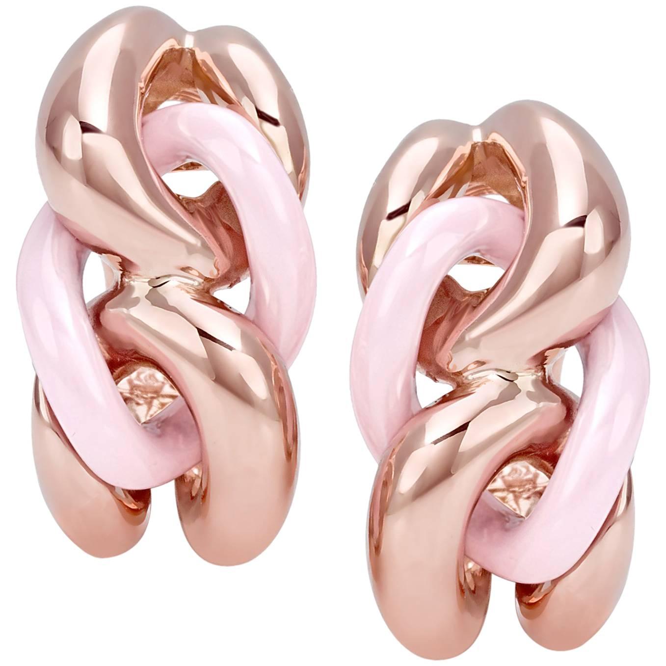 Pink Ceramic Groumette Pair of Earrings in 18 Karat Rose Gold