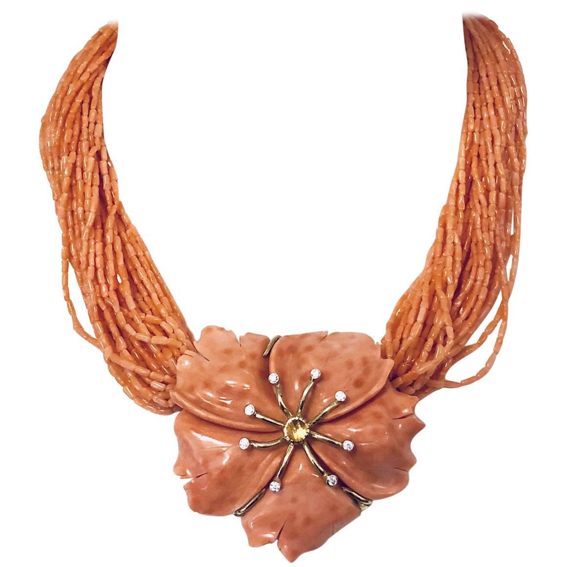 Captivating Coral and Diamond Convertible Brooch Necklace by Julia Boss For Sale