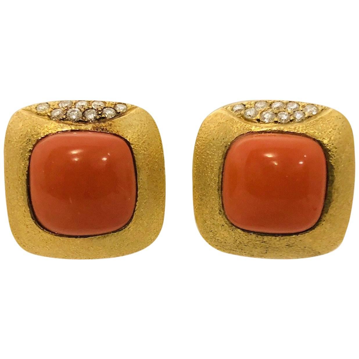 18 Karat Fabulous Florentine Coral and Diamond Earrings by Julia Boss For Sale