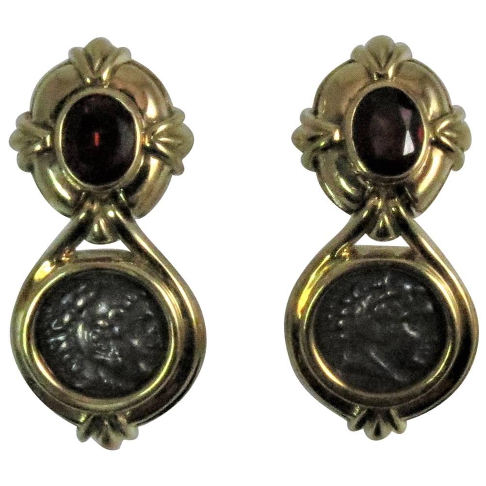 Susan Berman 18 Karat Yellow Gold Garnet and Ancient Roman Coin Drop Earrings