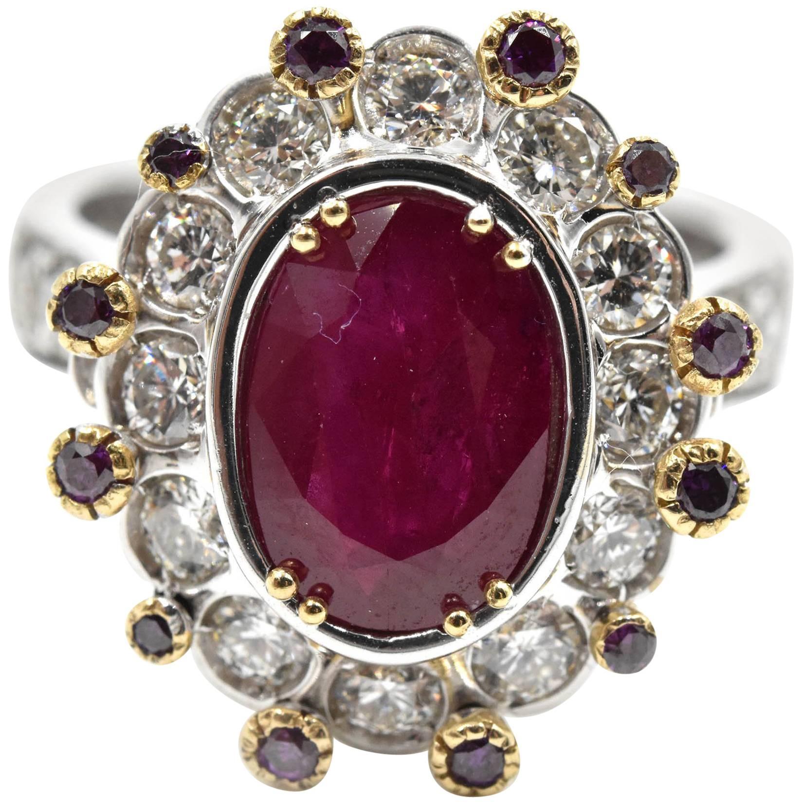 Natural Burma Ruby, Purple and White Diamond Ring
