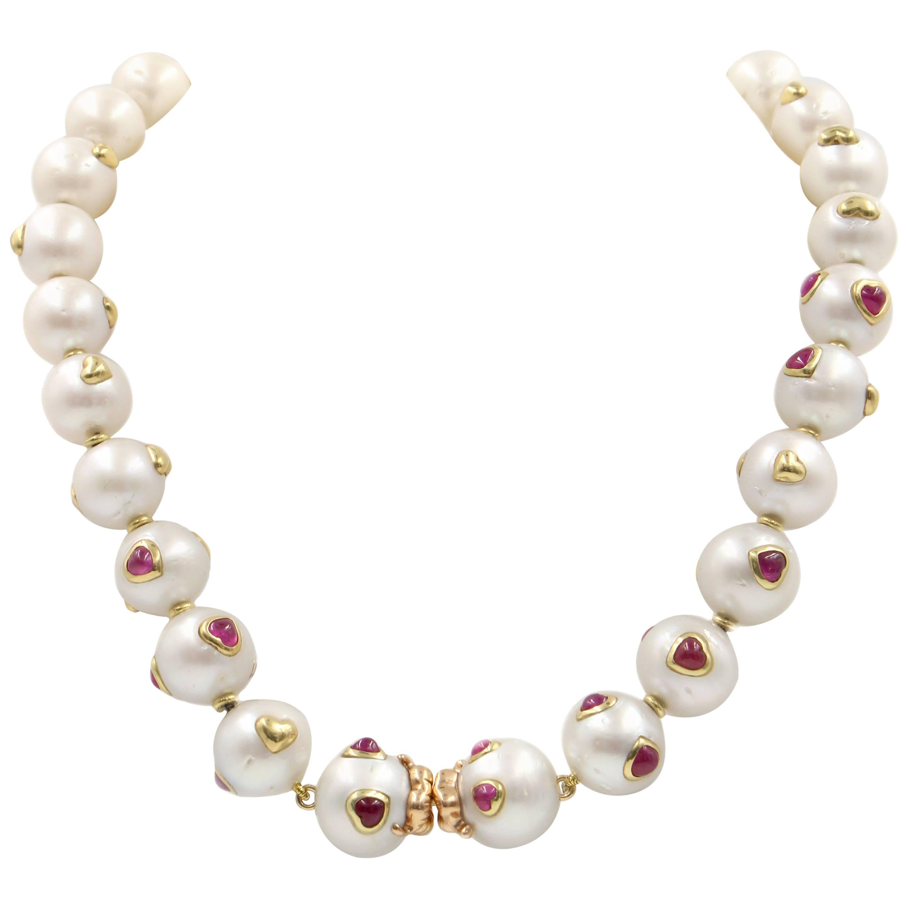South Sea Pearl, Ruby, 18 Karat Gold Necklace For Sale