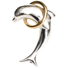 Vintage 1990s Tiffany & Co. Dolphin Brooch 18 Karat Yellow Gold and Sterling Silver