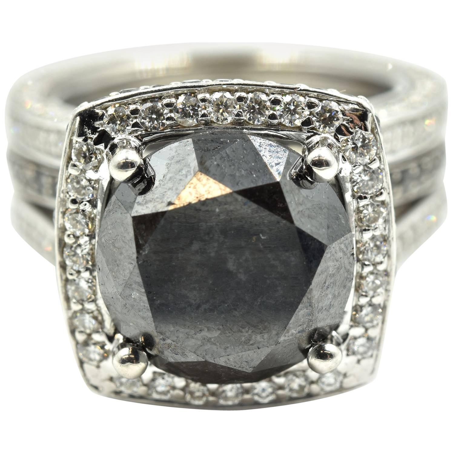 6.00 Carat Round Brilliant Black Diamond with Diamond Mounting Engagement Ring