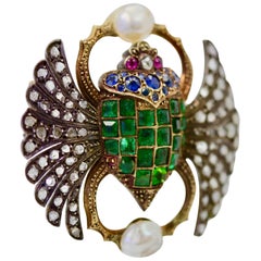 Antique French Diamond Emerald Sapphire Pearl Scarab Brooch