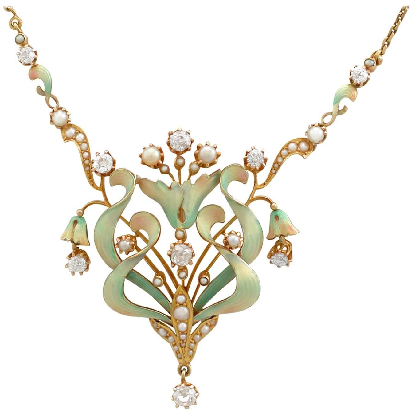 1900s 1.42 Carat Diamond and Seed Pearl Enamel Yellow Gold Necklace