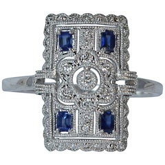 Natural Sapphire and Diamond 18 Carat White Gold Panel Cluster Ring