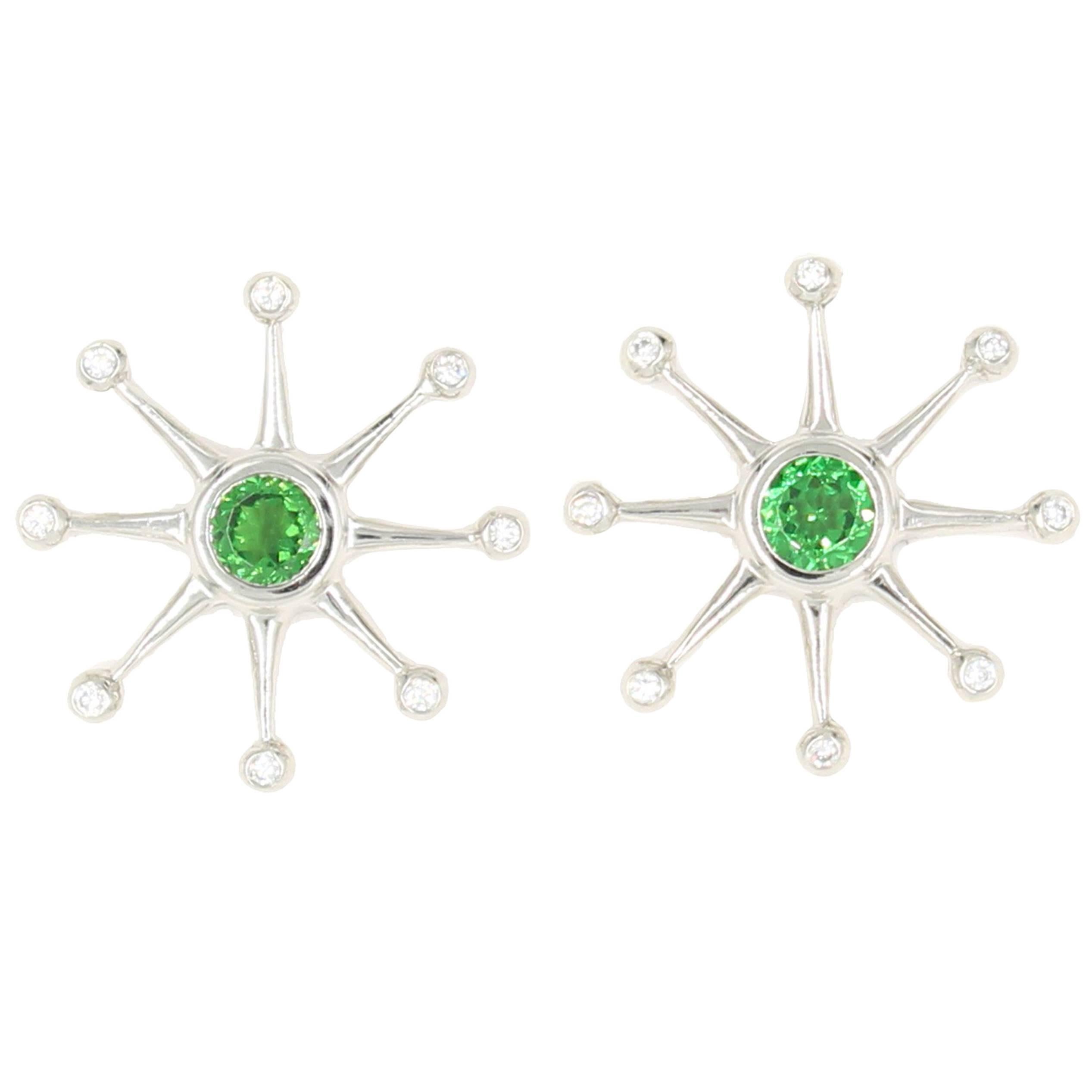 Platinum Diamond and Peridot Eight Ray Star Earrings For Sale