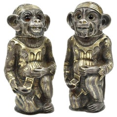 Antique Sterling Silver Monkey Shakers in Gilded Asian Costume by Edward Charles