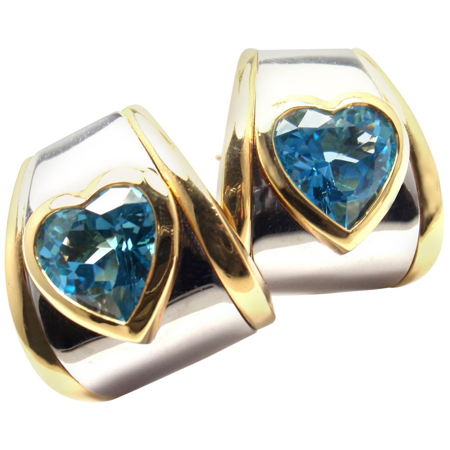 Marina B Heart Shape Blue Topaz Yellow Gold and Stainless Steel Earrings