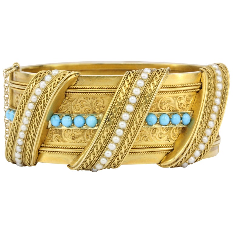 Persian Turquoise Pearl Gold Bangle Bracelet at 1stdibs