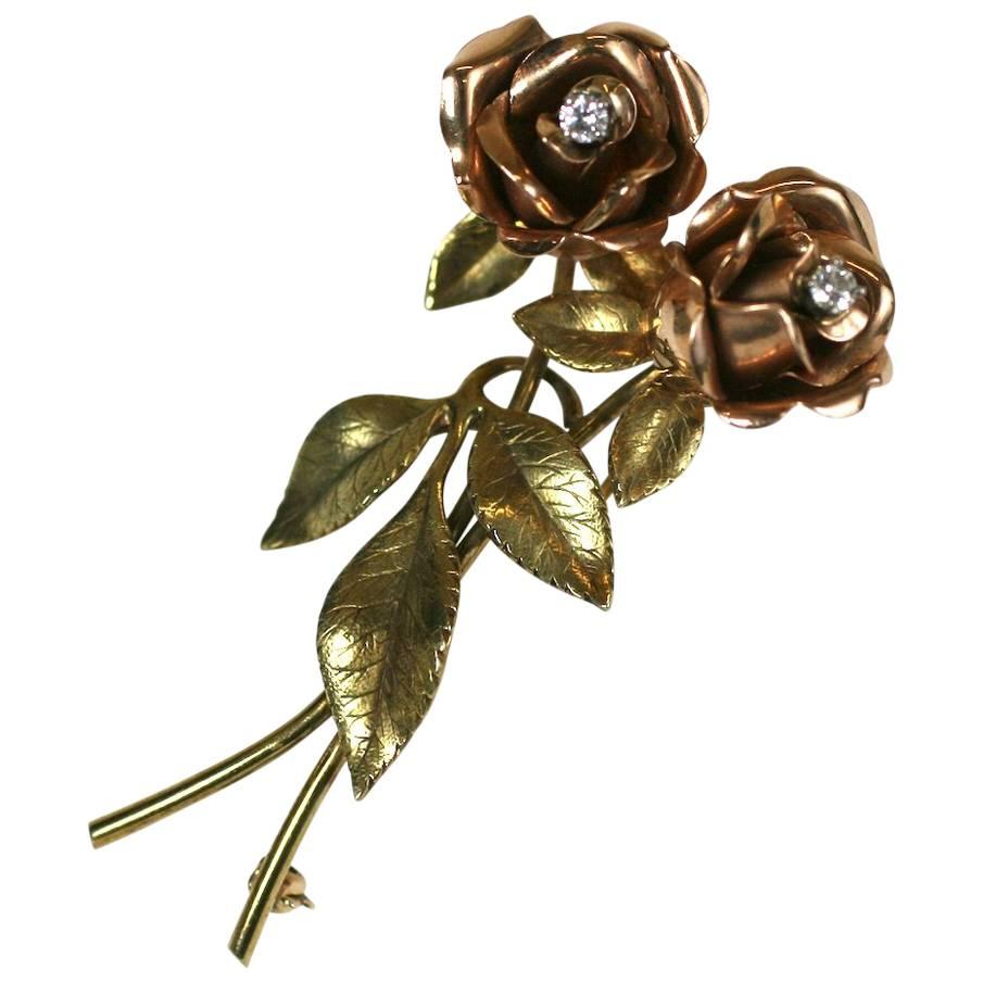 Two-Tone Rose Spray Brooch For Sale