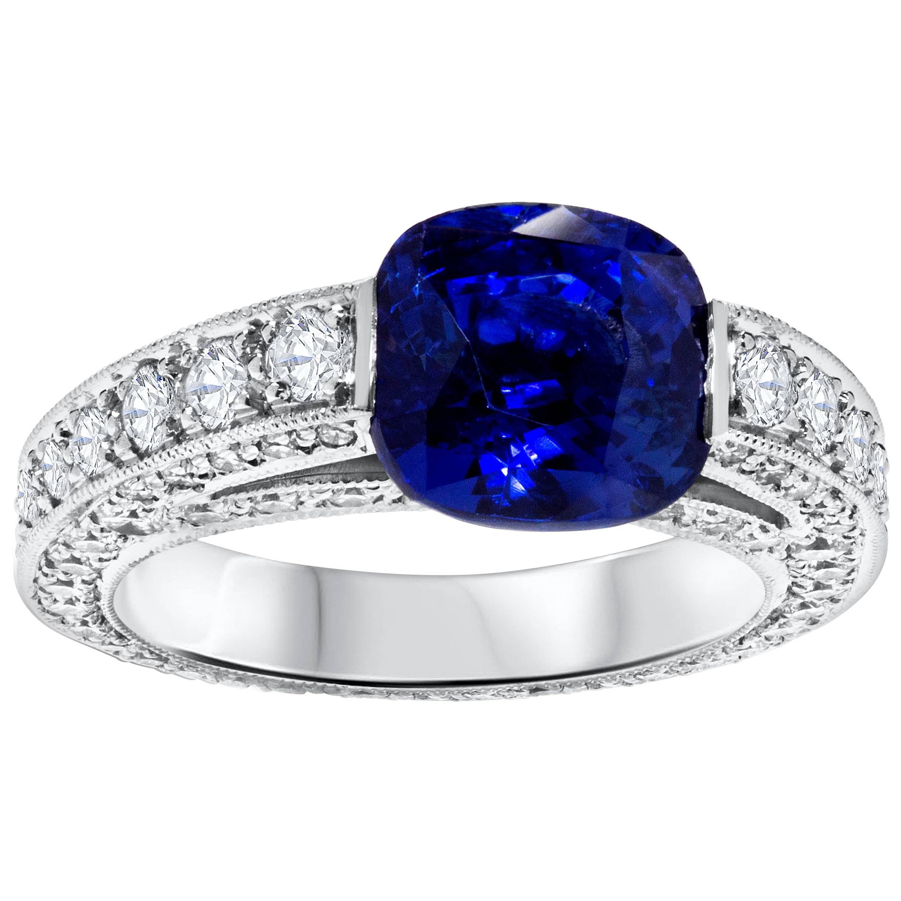 Natural Blue Sapphire and Diamond Semi Bezel Engagement Ring