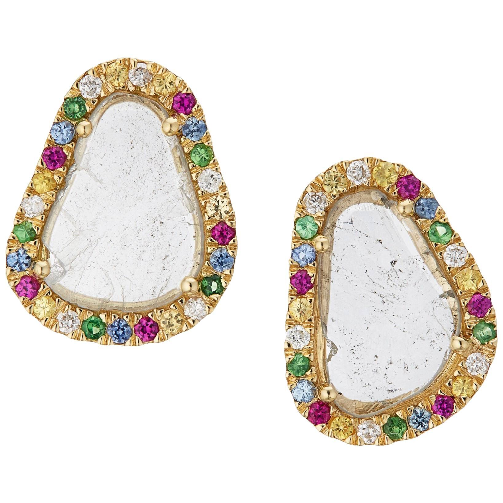 Manpriya B Slice Diamond Ruby, Coloured Sapphire & Tsavorite Diva Stud Earrings For Sale