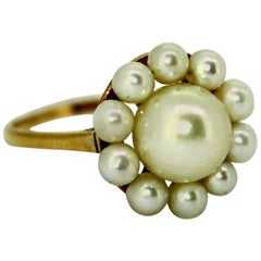 Vintage Mikimoto 14 Karat Yellow Gold Ladies Ring With Freshwater Pearls, 1970s